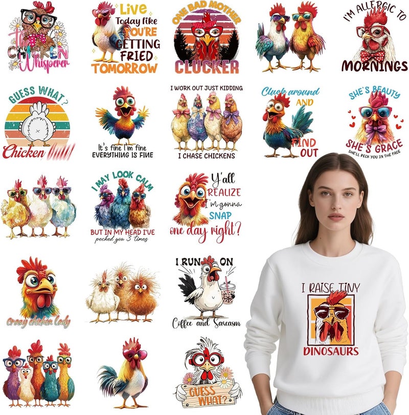 Shejdgart Dtf Transfers Ready to Press - 20 Pcs Funny Chicken Iron on Patches for T-Shirts, Farmhouse Humorous Sarcastic Heat Transfer Vinyl Stickers, Iron on Decals for DIY Clothes Bag Fabric Décor - Image 1